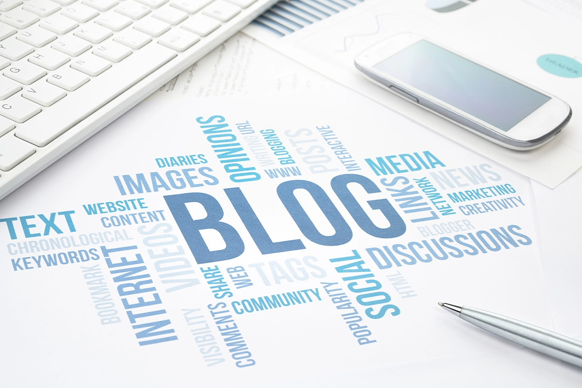 Blog Concept Words - Bold Marketing & Design Word cloud centered on the word 'Blog' surrounded by related terms like social, media, content, and keywords.