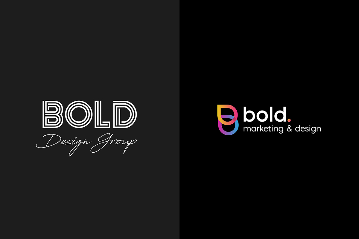 Side by side comparison of two Bold Marketing and Design logos showing an evolution from a minimalist script logo to a modern, colorful brand mark.