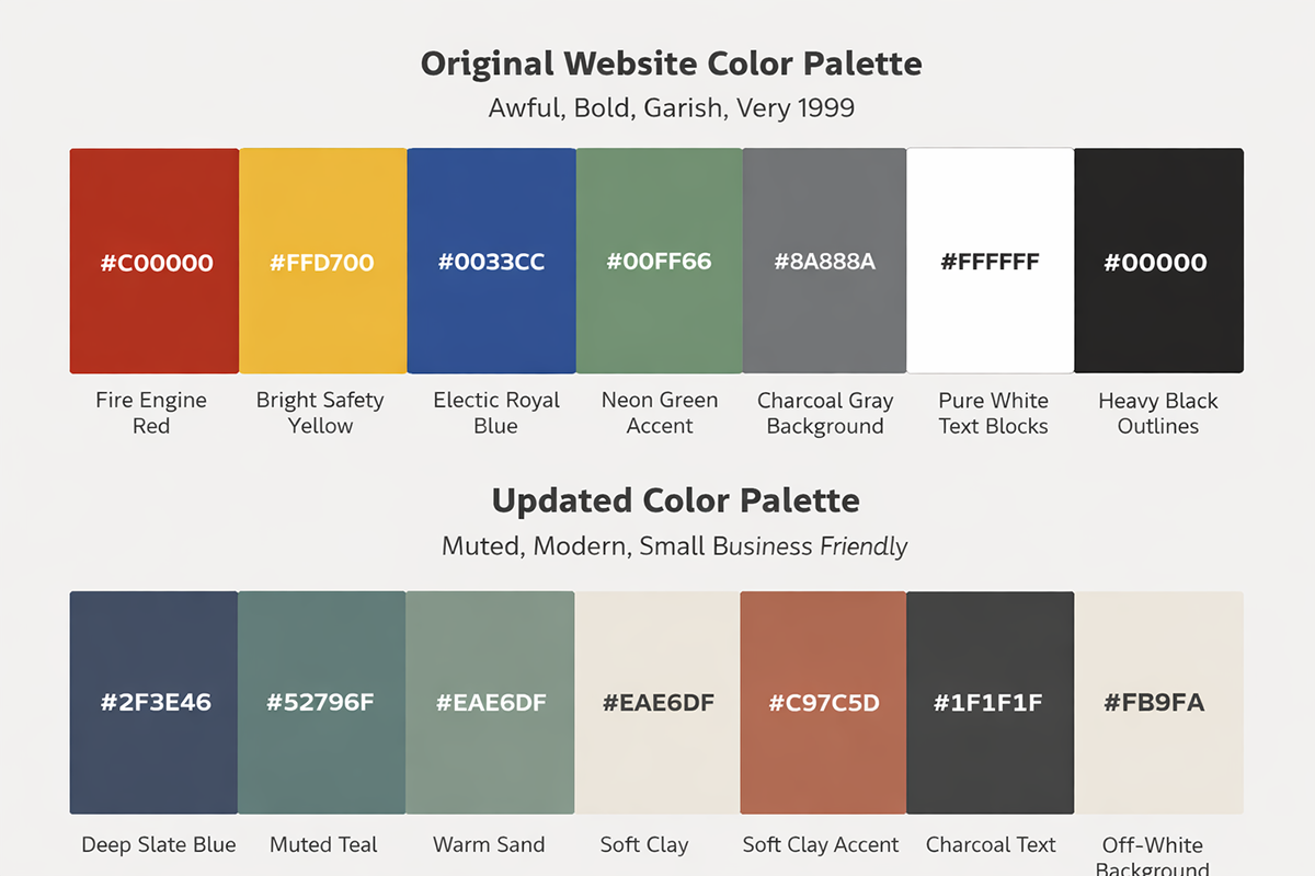 Graphic showing an original website color palette compared to an updated muted color palette designed for a modern, small business friendly brand refresh.