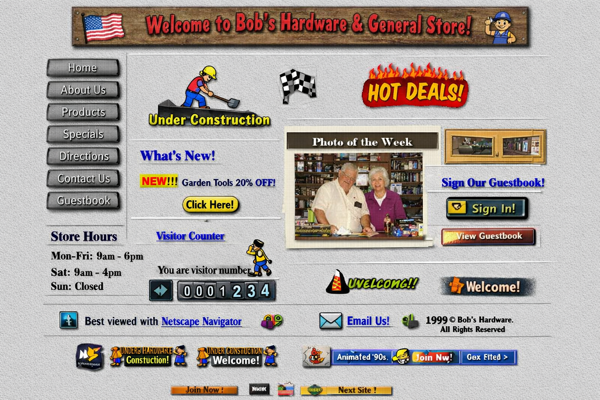 Screenshot of an outdated 1990s style business website with cluttered graphics, bright colors, animated elements, and dense navigation menus.