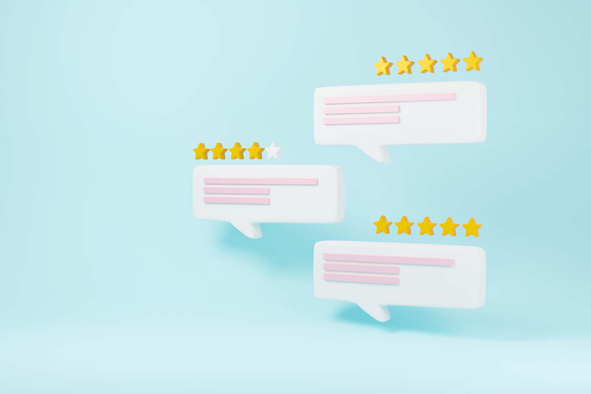 Five-star customer review icons with speech bubbles representing online reputation and feedback