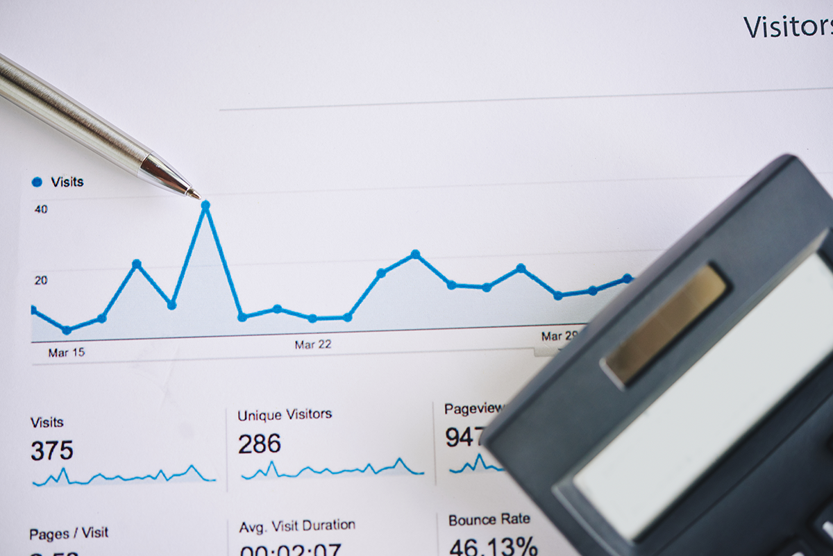 Close-up of website analytics dashboard showing page views, traffic, and user metrics