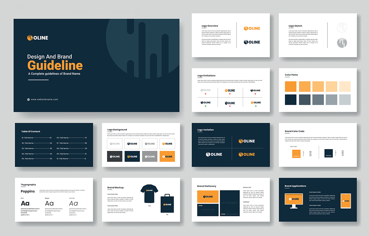 A brand guideline presentation layout shows logo variations, color palettes, typography, and branded mockups.
