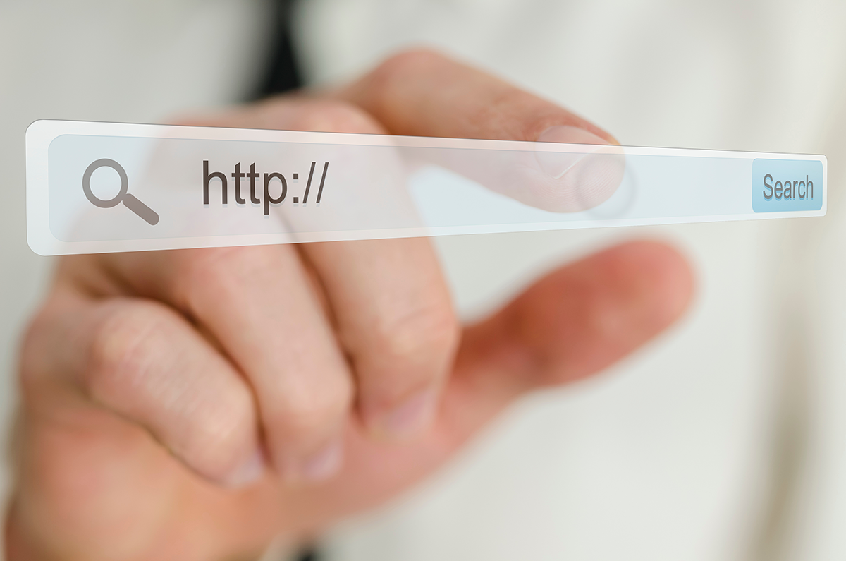 A hand reaches toward a translucent internet search bar showing “http://” with a search icon and Search button.