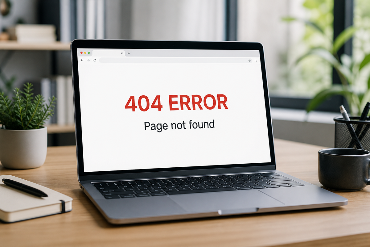 Laptop screen displaying a red “404 ERROR” message with the words “Page not found.