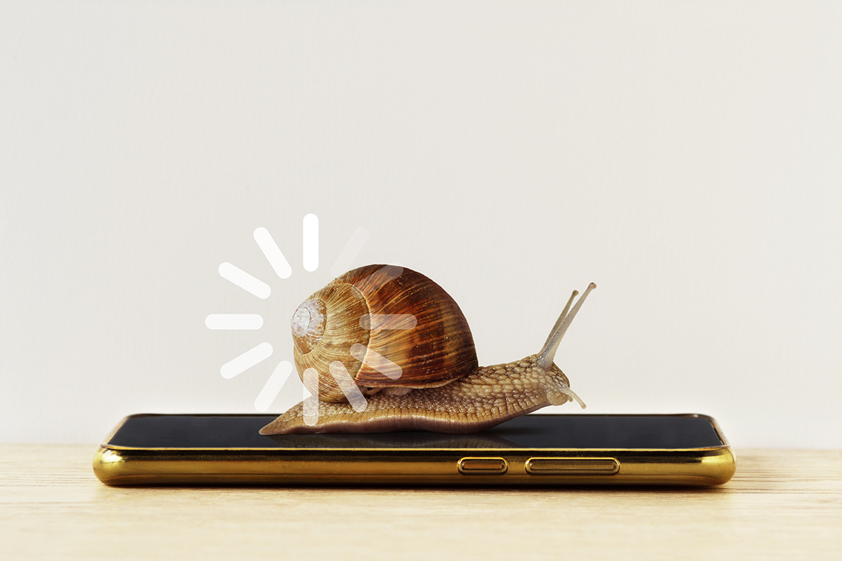 Snail crawling across a smartphone with a loading spinner, representing slow website or mobile page speed.