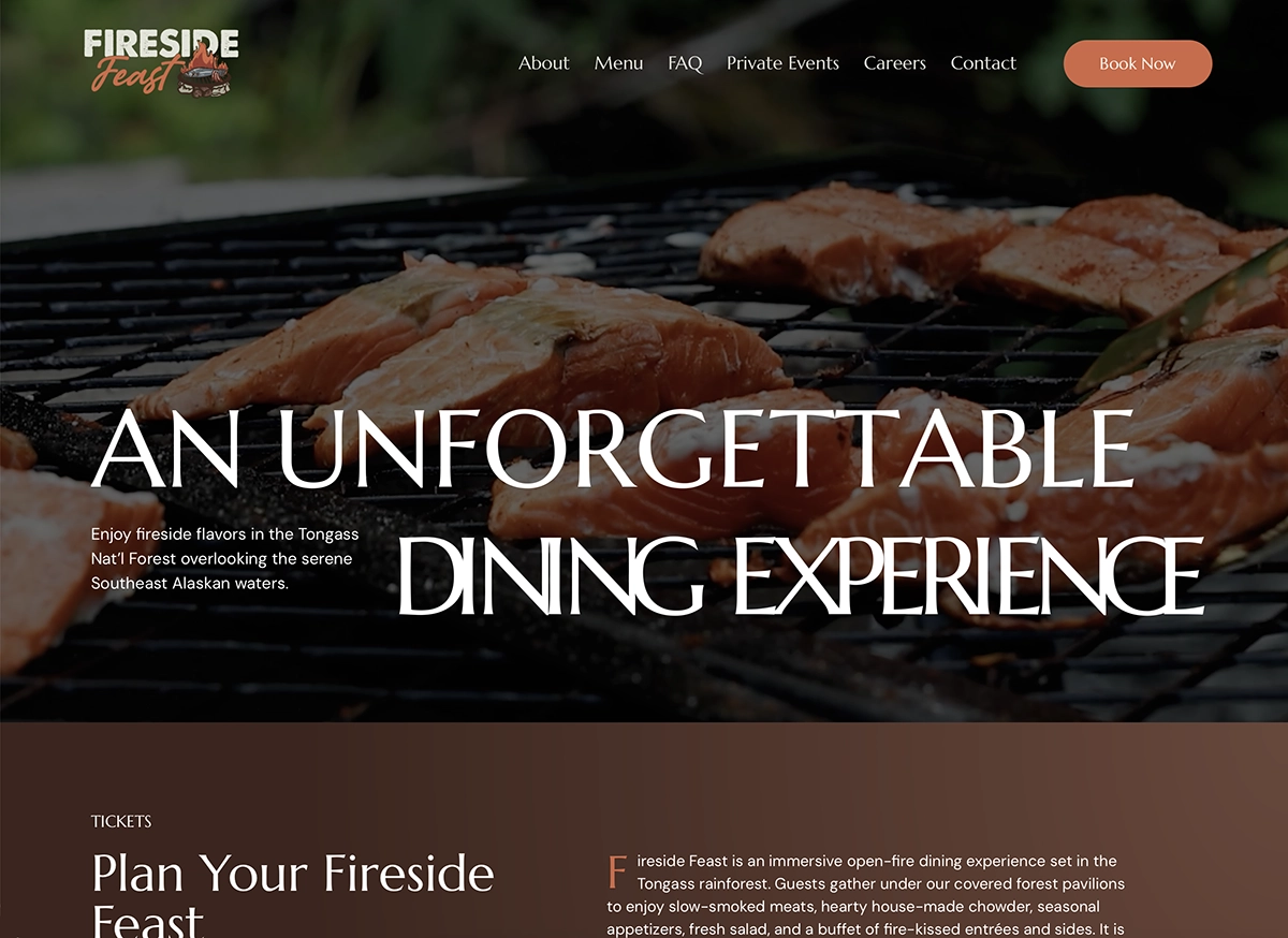 Fireside Feast website featuring an outdoor Alaska dining experience in Ketchikan