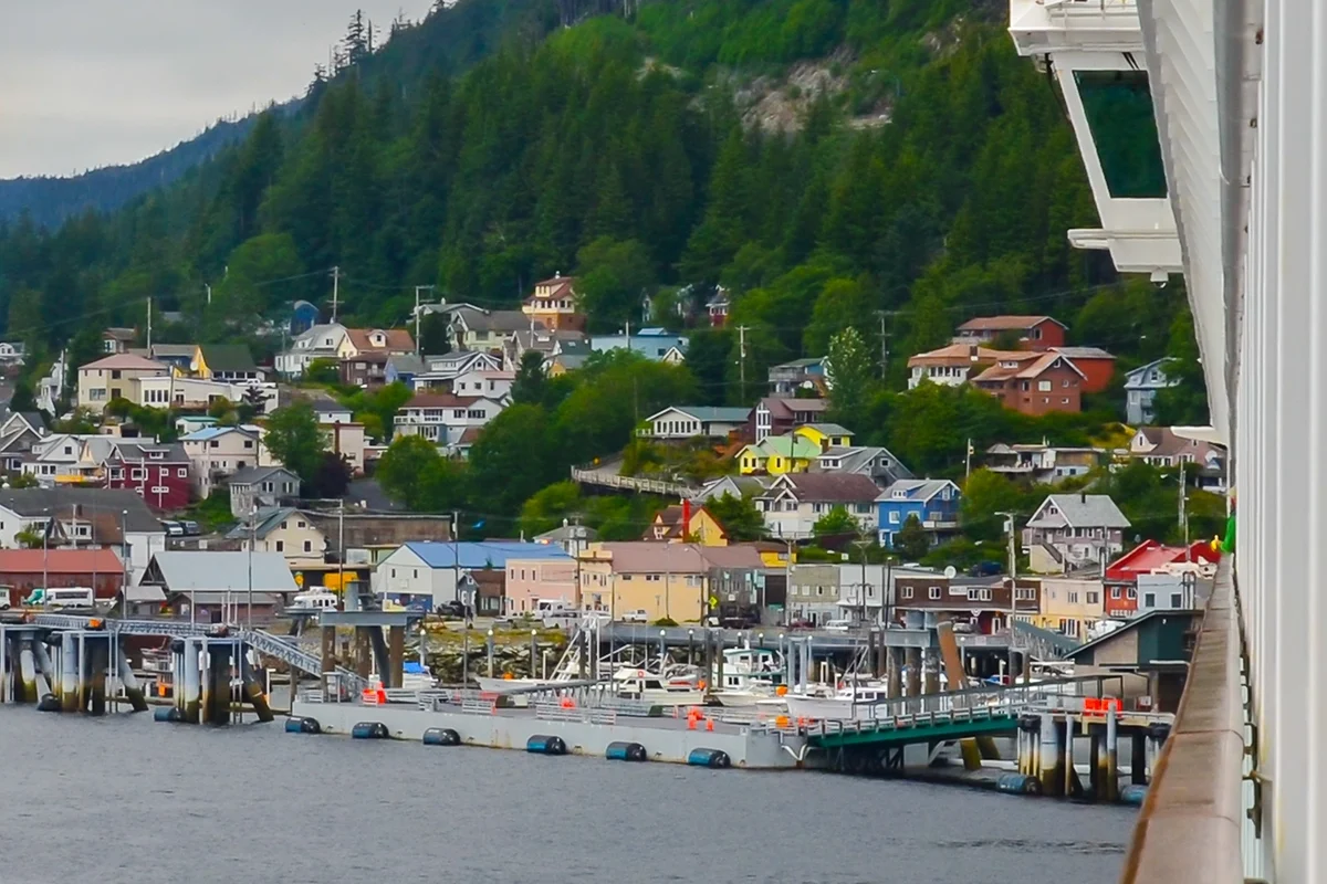 View of Ketchikan Alaska waterfront and hillside homes from a departing cruise ship