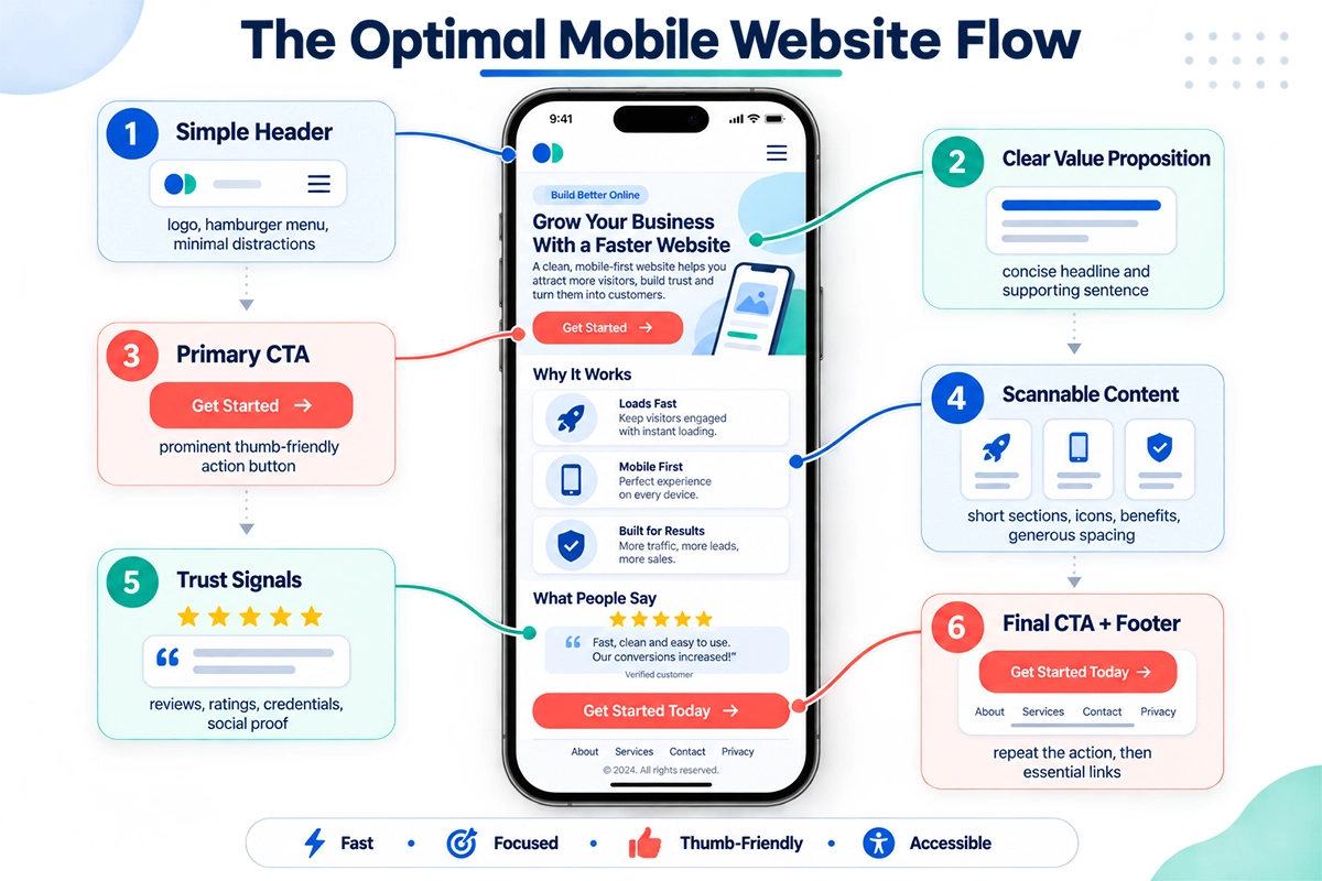 Diagram showing the optimal mobile website flow with clear navigation, calls to action, and trust signals