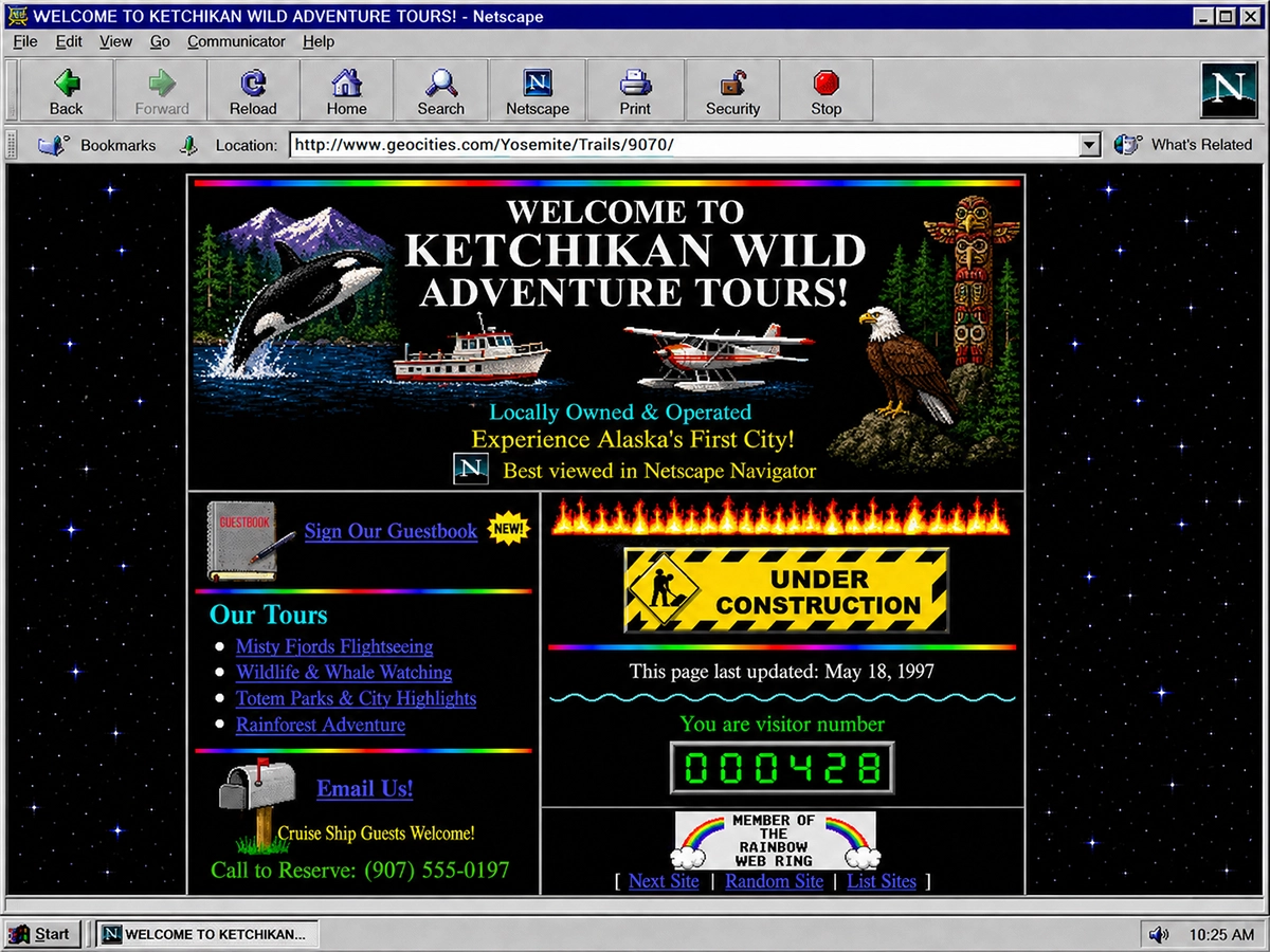 Example of an outdated 1990s tourism website with cluttered design and old web graphics
