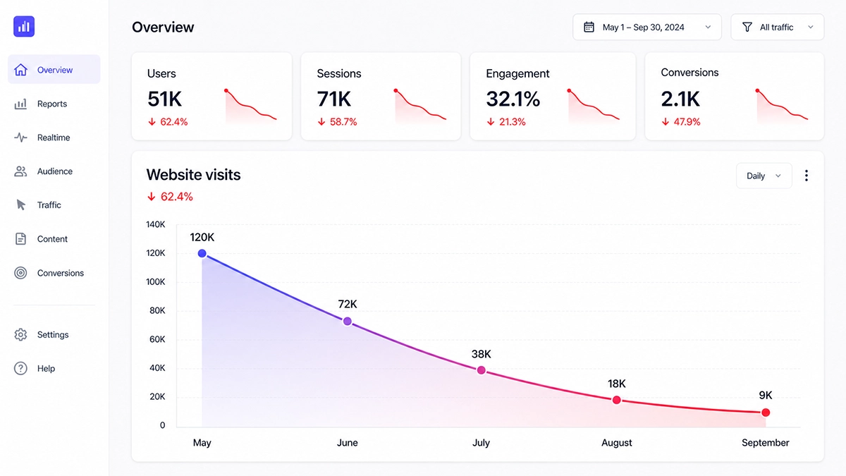 Website analytics dashboard showing declining traffic, engagement, and conversions from May through September
