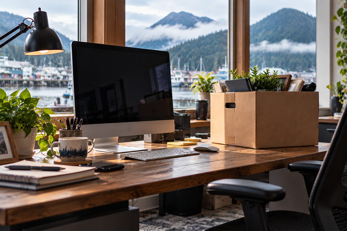 Wooden desk with an iMac, desk lamp and a packed cardboard box in front of a window overlooking a misty Alaskan harbor and mountains