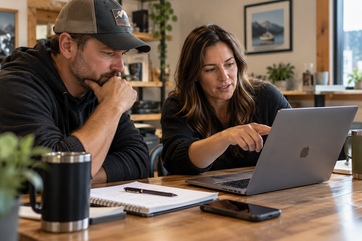 Man in a plaid flannel shirt and cap filling out a checklist at a desk with a laptop, notebook and travel tumbler, with a waterfront harbor and snowy mountains outside the window