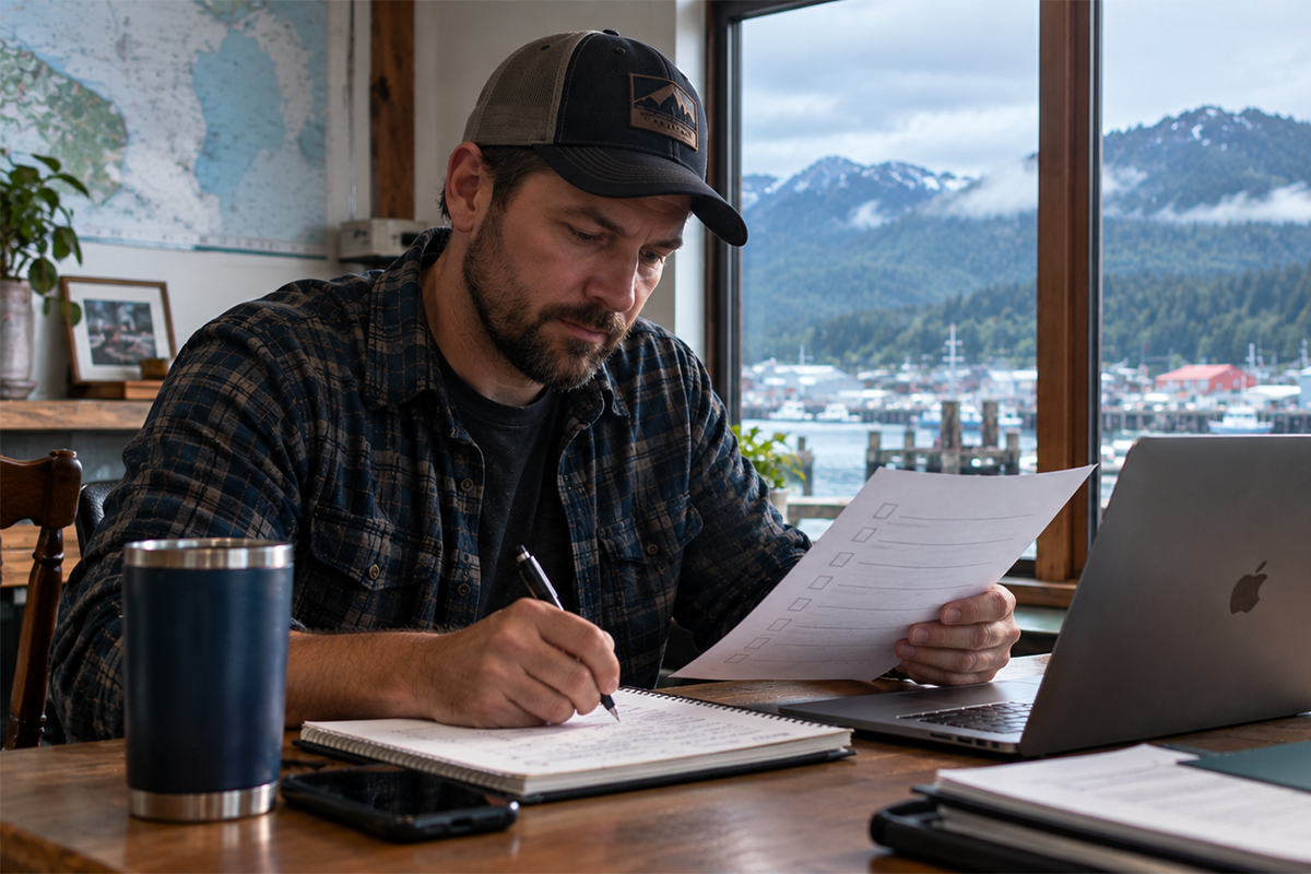 Man in a trucker cap and woman in a black sweater reviewing a laptop together at a wooden table, with a notebook, phone and travel mugs in front of them