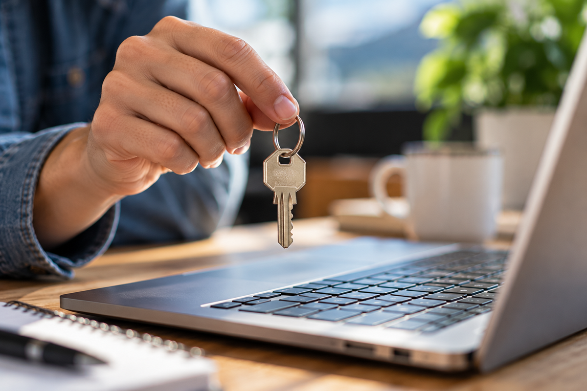 Hand holding a single brass key over a laptop on a wooden desk, with a notebook and coffee mug nearby