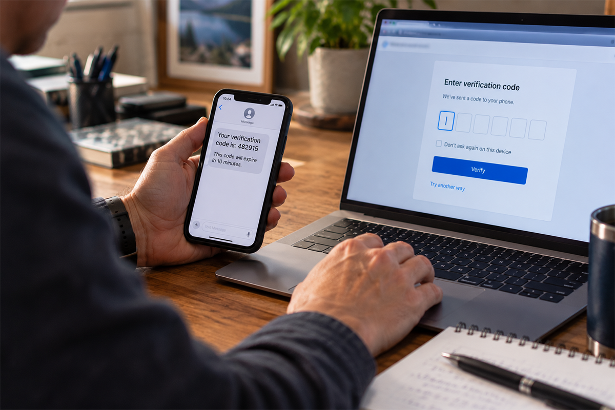 Phone showing a text message with a six-digit verification code beside a laptop displaying an “Enter verification code” login screen