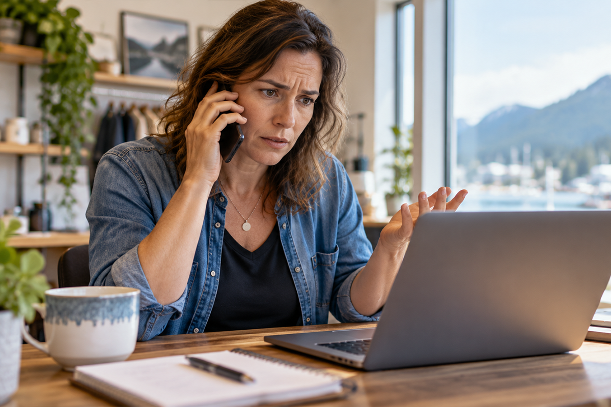 Stressed woman in a denim shirt on a phone call, gesturing at her laptop at a desk with a view of a coastal mountain harbor